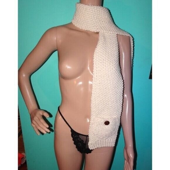 Vintage Ivory Hand Crocheted Scarf w/ Pockets pinup retro rockabilly winter knit - Picture 6 of 8